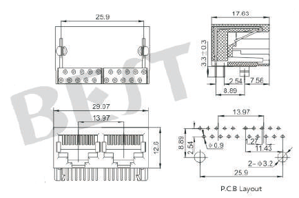 RJ45插座5621 10P8C 1X2参考图纸